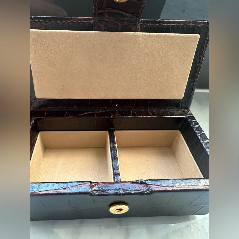 Smythson Dark Brown Croc-Embossed Jewelry Box with Gold Hardware